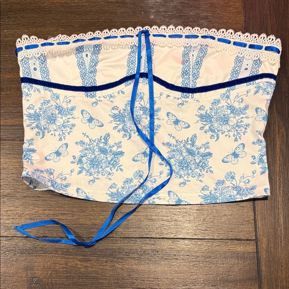 Blue and White Floral Corset Top small